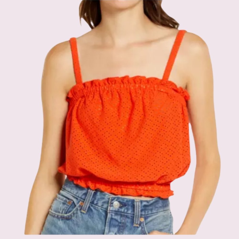 LOVE FIRE Tank Top Size Large - 12 Women's Orange Eyelet Sleeveless Crop Top